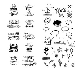 Vector hand-drawn lettering and clipart elements on sea / ocean theme.