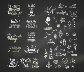 Vector hand-drawn chalk lettering quotes about sea / ocean.