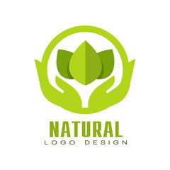 Natural logo design, healthy organic food label with green leaves and human hands, emblem for cafe, packaging, restaurant, farm products vector Illustration on a white background