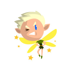 Little winged blonde elf boy winking, cute fairytale character vector Illustration on a white background