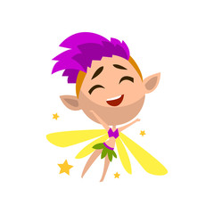 Little winged elf girl with purple hair, cute fairytale character vector Illustration on a white background