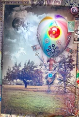 Gordijnen Vintage ansichtkaart met steampunk luchtballon © Rosario Rizzo