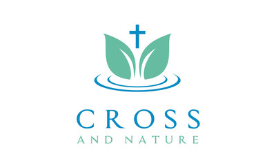 Water Ripple with Leaf and Crucifx Christian Jesus Cross for Nature Church Logo design