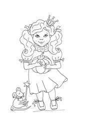Cute baby girl holding pumpkin coloring book page for children