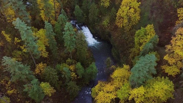 Aerial View Of River, Drone Flies Upstream Toward Waterfall On A Beautiful Autumn Day In Oregon, USA