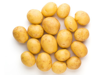 New potato and rosemarin isolated on white background close up.