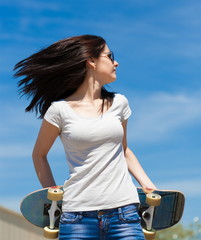 Fototapeta na wymiar Woman skateboard, close up, smile