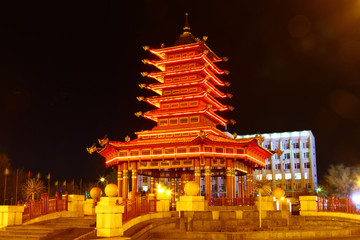 Elista, Kalmykia, Russia - April 28, 2017. Red Pagoda of Seven Days at night.