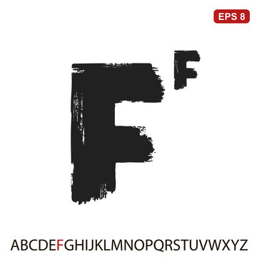 Black capital handwritten vector letter "F" on a white background. Drawn by semi-dry brush with unpainted areas.