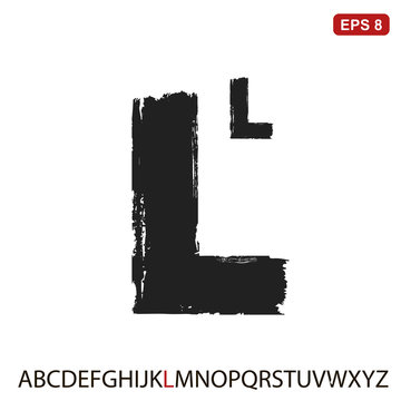 Black capital handwritten vector letter "L" on a white background. Drawn by semi-dry brush with unpainted areas.