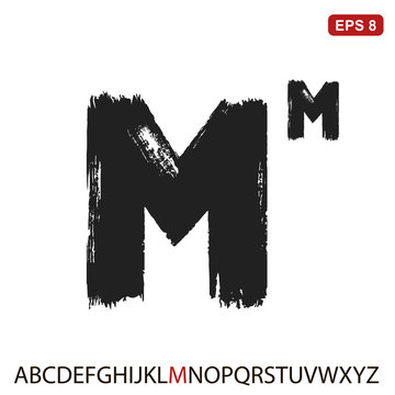 Black capital handwritten vector letter "M" on a white background. Drawn by semi-dry brush with unpainted areas.