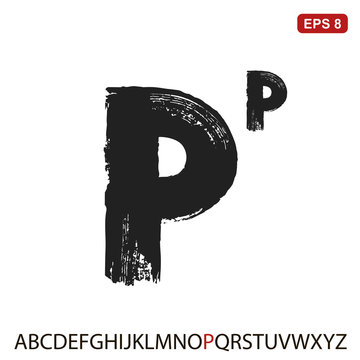Black capital handwritten vector letter "P" on a white background. Drawn by semi-dry brush with unpainted areas.