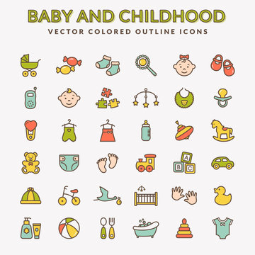 Baby colored outline icons. Vector set.
