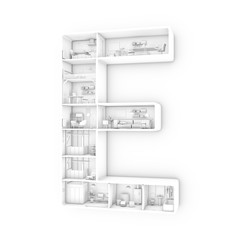 Black and white interior of a construction in shape of letter "E"