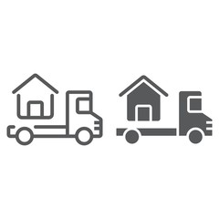 Truck delivers the house line and glyph icon, real estate and home, home delivery vector graphics, a linear pattern on a white background, eps 10.