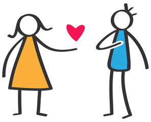 Simple colorful stick figure woman giving love red heart to man isolated on white background, declaration of love