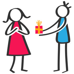 Simple colorful stick figure man giving birthday present, gift box to girlfriend isolated on white background