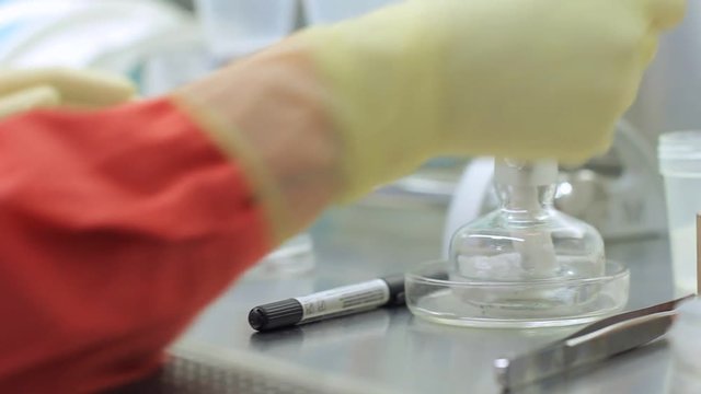 Scientist hand performing laboratory testing. Laboratory experiment with candle flame. Close up of researcher hand warming tweezers for lab research