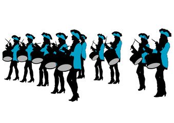 Drum woman at parade on a white background