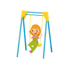Girl having fun and ride on a swing, kid on a playground vector Illustration on a white background