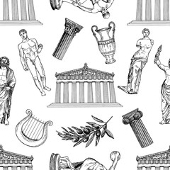 Seamless pattern of hand drawn sketch style Greek themed objects isolated on white background. Vector illustration.