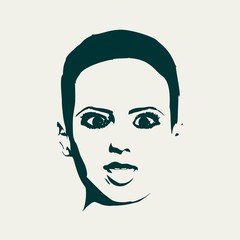 Face front view. Elegant silhouette of a female head. Surprised beautiful woman with open mouth.