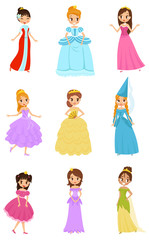 Cute little princess girls set, beautiful little girls in princess dresses vector Illustrations on a white background