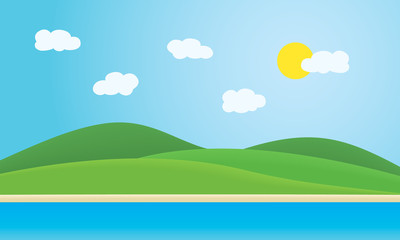 Obraz premium Sea with coast, beaches and green hills under summer blue sky with clouds and sun - with space for your text, suitable as advertising for travel or vacation
