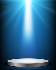 Studio light rays with white podium on blue background