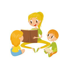 Mom reading a book to her little kids, family, early development concept vector Illustration on a white background