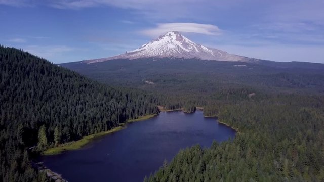 Aerial Shot Of Trillium Lake And Mt Hood, In Summer On A Sunny Day, Oregon, USA