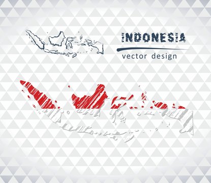 Indonesia vector map with flag inside isolated on a white background. Sketch chalk hand drawn illustration