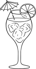 Hand Drawn Doodle Sketch Line Art Vector Illustration of Cocktail in Wineglass with Ice Umbrella And Slice of Citrus. Emblem Poster Banner Black Outline Design Element Template