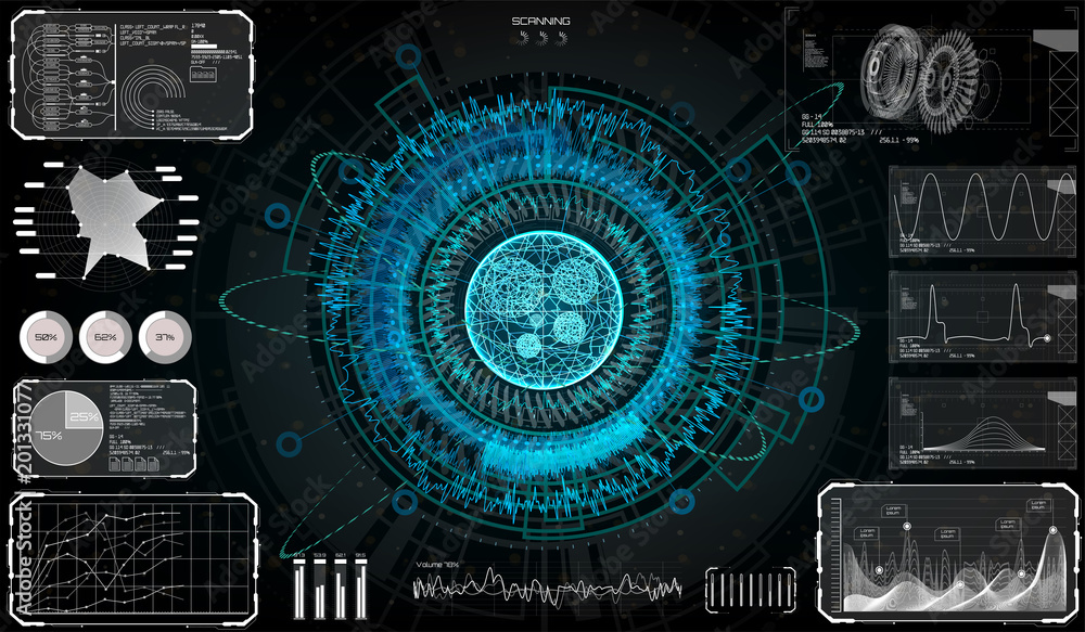 Poster Futuristic Sci Fi Modern User Interface Set. Abstract HUD. Hologram elements of digital data chart, communication, hi tech future design background. Technology elements ui, scan in HUD style, gui