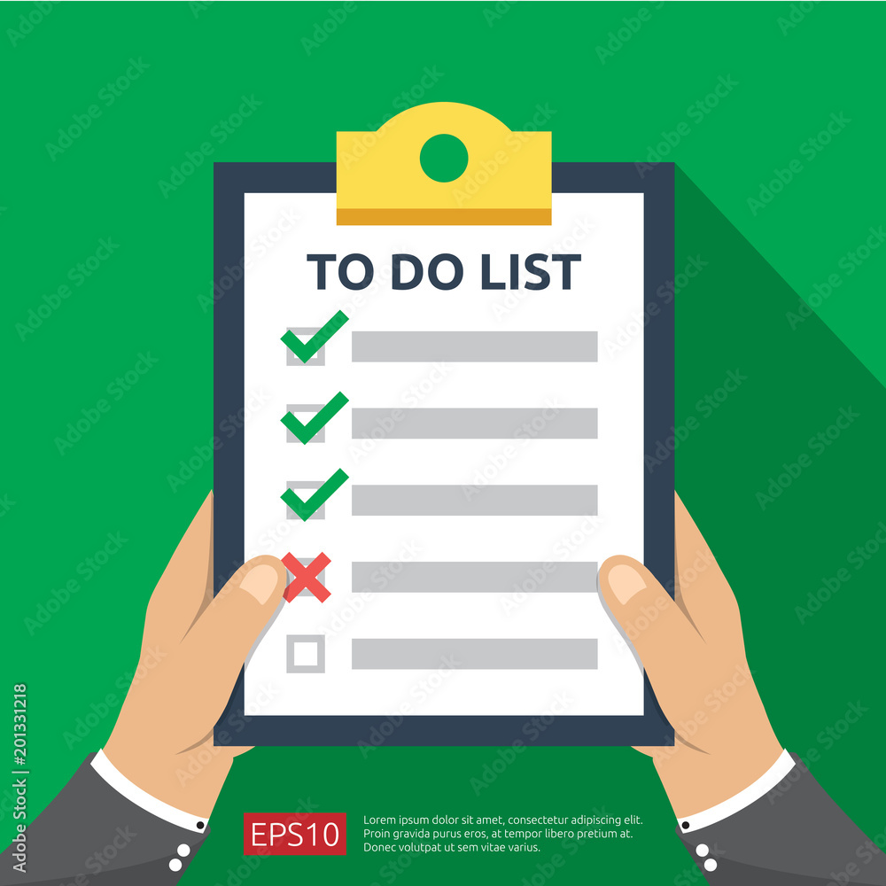 Poster hand holding to do list or planning in flat style icon. vector illustration concept of checklist pap