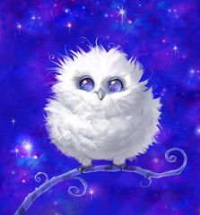 Naklejka premium Digital raster cartoon illustration of a funny fluffy white owl with cosmic eyes sitting on a curly branch on a colorful background