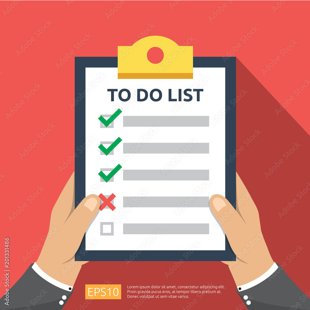Poster hand holding to do list or planning in flat style icon. vector illustration concept of checklist pap