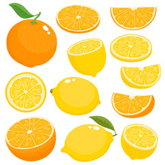 Bright vector set of juicy orange and lemon on white. - 201331621
