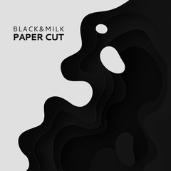3D layers of paper cut the background of milk. Abstract paper carving art background design in black and white template site. Vector design layout for business presentations posters and invitations