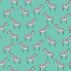 Cute cartoon black and white smiling zebras seamless pattern. Texture with childish illustration of striped zebra characters on green background for kids textile, wrapping paper, wallpaper, surface