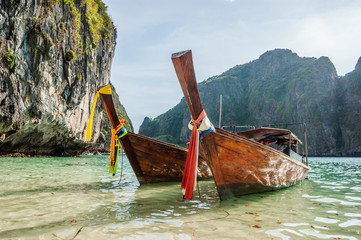 Traditional longtail boats in the famous Maya bay