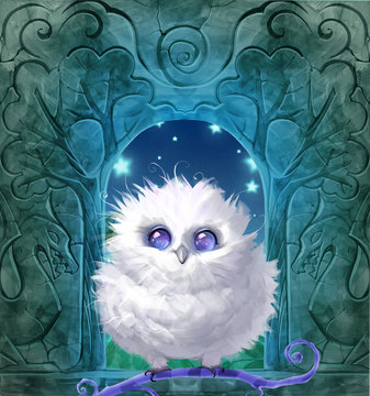 Digital raster cartoon illustration of a funny fluffy white owl with cosmic eyes sitting on a curly branch on a colorful background