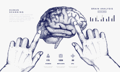 Human brain in Innovations systems global study of the connection with robotics and the development of science in the field of the cyber industry. Realistics point style with linear inphographics