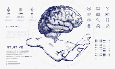 Human brain in Innovations systems global study of the connection with robotics and the development of science in the field of the cyber industry. Realistics point style with linear inphographics