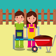 girl and boy gardener farm wooden bench fence and wheelbarrow vector illustration