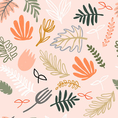 Modern abstract pattern collection. Minimalist trendy floral elements. Hero pattern with pastel naive plants. Digital art. Fabric print, wrapping paper, poster, flyer, banner design.