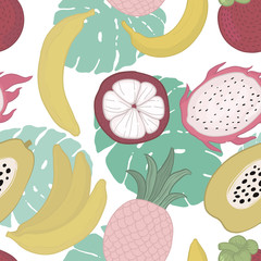 Seamless pattern with yellow bananas, pineapples, pitaya, dragon, papaya. on white background. Bright summer illustration. Fruit mix design for fabric and decor.