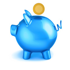 3d illustration of blue piggy bank and coin invest symbol. Save money donate payment banking wealth earning finance concept. Isolated on white background