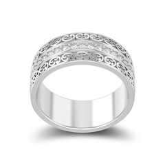 3D illustration isolated silver decorative wedding bands carved out ring with ornament with shadow