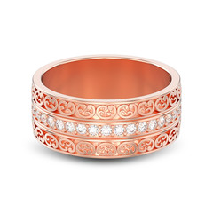 3D illustration isolated rose gold decorative wedding bands carved out ring with ornament with shadow